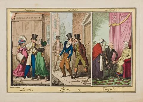 Three London scenes: a man being cajoled by two prostitutes, a young man be.. Stock Illustration
