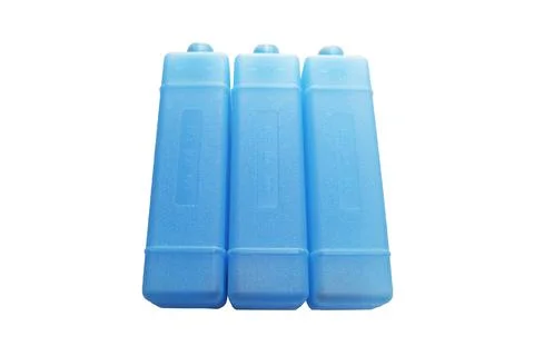Three long blue plastic ice pack coolers isolated on a white Stock Photos