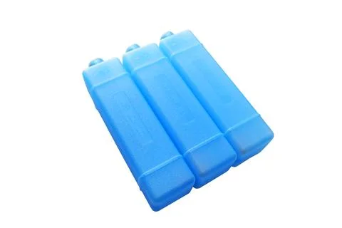 Three long blue plastic ice pack coolers isolated on a white background 스톡 사진