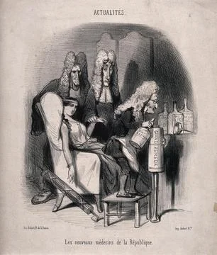 Three long-faced physicians prepare a clyster for a pallid young woman; rep.. Stock Illustration