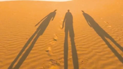 Three long shadows of people walking on rippled sand Stock Footage 315379450