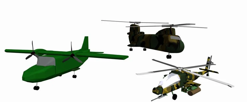 Three low-poly 3D models of combat helicopters Stock Illustration