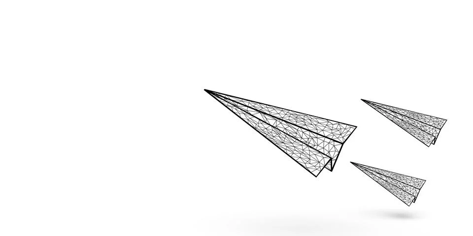 Three low-poly wireframe paper plane over white background with copy space,.. Stock Illustration
