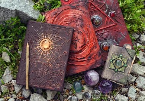 Three magic book of spells and witch diary witch crystals in the garden.  Eso Stock Photos