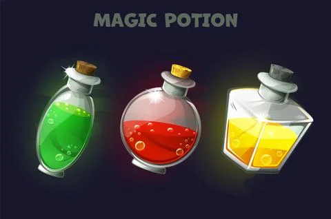 Three MAGIC POTIONS. Bottles with magic potions and poisons. Vector set of gl Stock Illustration