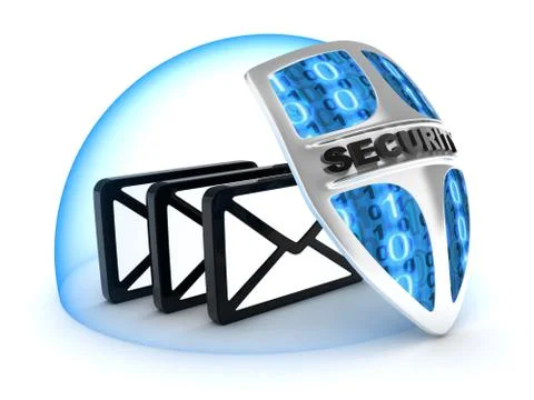 Three mail and shield on white background (done in 3d) Stock-Illustration