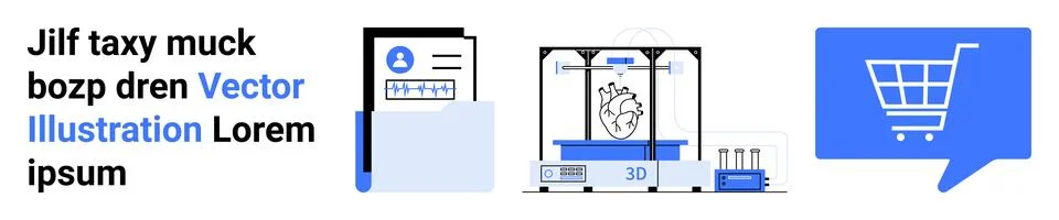 Three main elements a digital ID card, a 3D printer, and an e-commerce shoppi 스톡 일러스트