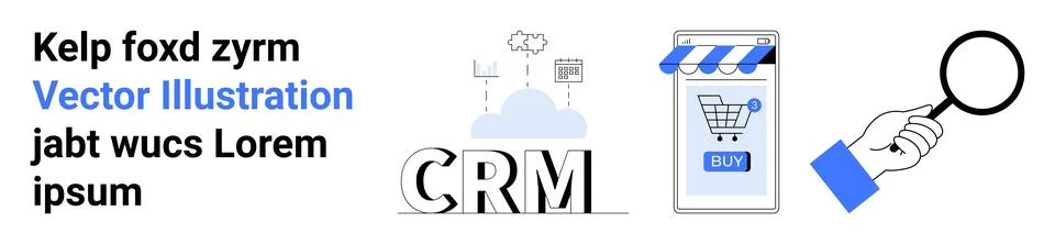 Three main elements include CRM acronym with data analytics visuals, a mobile Stock Illustration