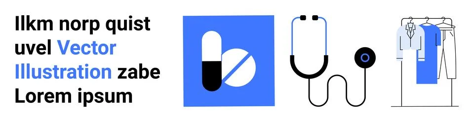 Three main elements include medical pills, a stethoscope, and a clothing rack Stock Illustration