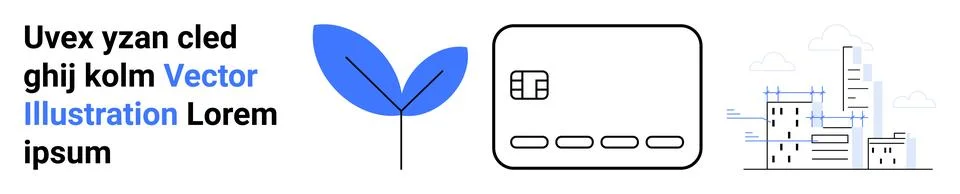 Three main elements include a stylized leaf, a credit card, and a modern city Stock Illustration
