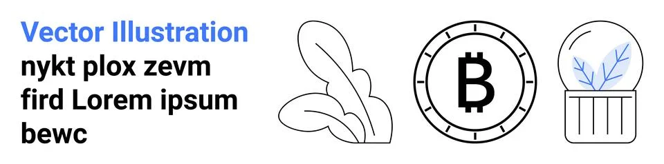 Three main elements leaves, cryptocurrency symbol, and a plant in a jar. Idea Stock Illustration