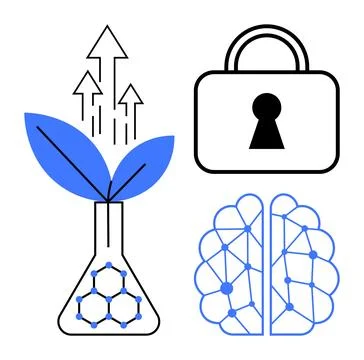 Three main elements a plant in a beaker representing growth, a lock symbolizi Illustrazione stock