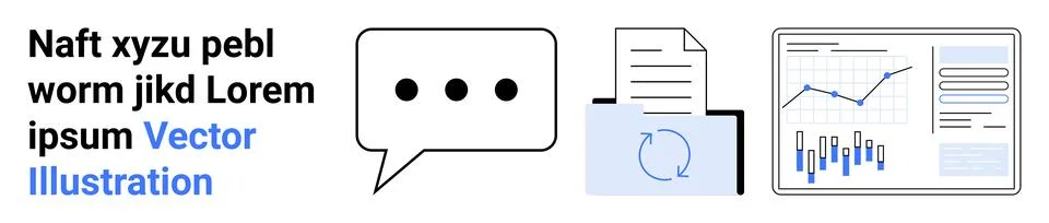 Three main elements text and speech bubble, file with circular arrows, bar an Stock Illustration