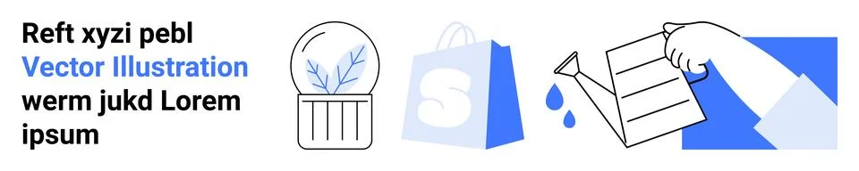 Three main objects including a potted plant, a shopping bag, and a hand holdi Stock Illustration
