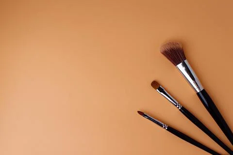 Three makeup brushes, brushes for blush, eyeshadow and lipstick. Copy space. Stock Photos