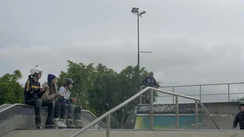 Three males jump and rail at skatepark while three people watch and clap Stock Footage 171491088