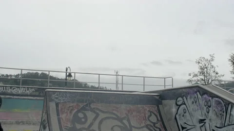 Three males jump and spin at ramp on skatepark Stock Footage 171491390