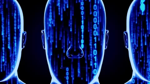 Three man faces and matrix style binary code Stock Footage 266259901