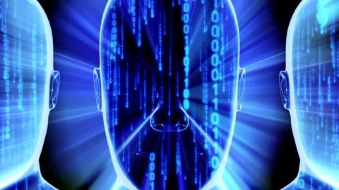 Three man faces and matrix style binary code Stock Footage 266262391