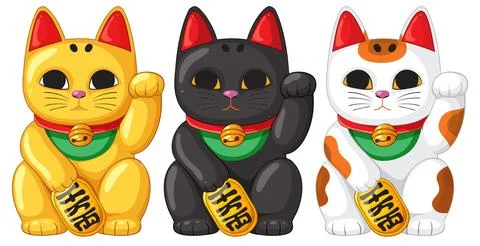 Three Maneki Neko Lucky Cats in Different Colors Stock Illustration