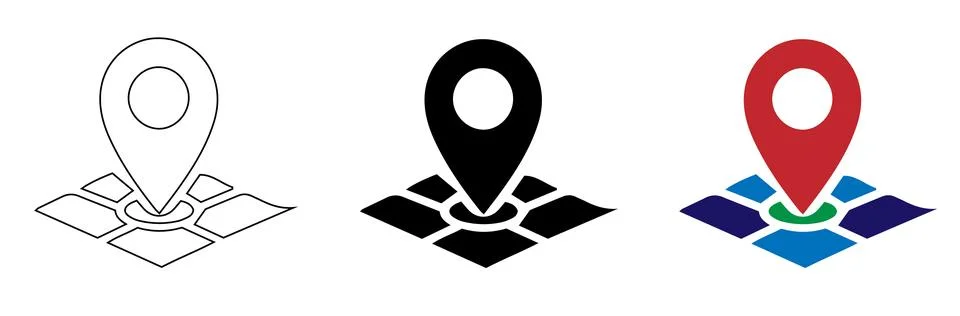 Three Map Pin Icons Isometric Outline Color Variations Stock Illustration