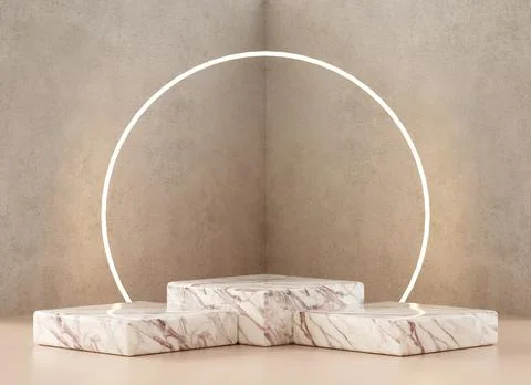 Three marble square podium platforms with textured wall background for produc Stock Photos