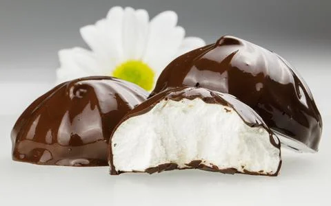 Three marshmallows covered with chocolate with a flower in the background. Stock Photos