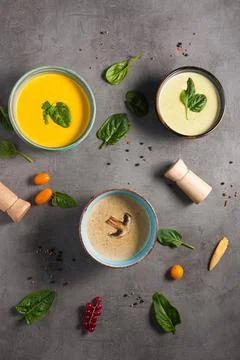 Three mashed soups. The view from the top Stock Photos