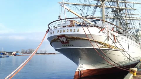 Three masted sailing ship moored in port. Stock Footage 267461989