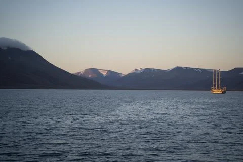 Three masted ship sailing the arctic waters of Svalbard Islands, Norway Stock Photos
