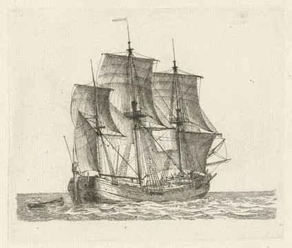 . A three-master with a sloop behind him, seen obliquely from behind. Figu... Stock Photos