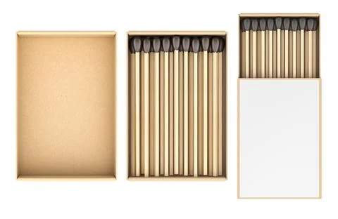 Three matchboxes shown from above: empty, open with wooden matches, partial.. Illustrazione stock