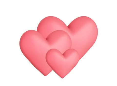 Three matte soft red hearts isolated on white. 3d illustration Illustrazione stock