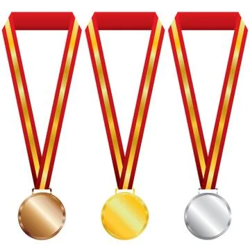 Three medals on red ribbon. Stock Illustration