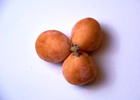 Three medlars together at white table Stock Photos