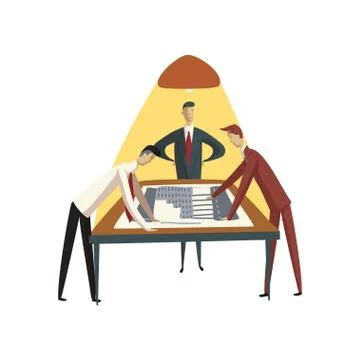 Three men are looking at a construction plan on paper on the table. Vector Stock Illustration