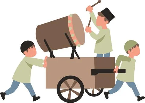 Three men are pulling a cart with a drum on it Illustrazione stock