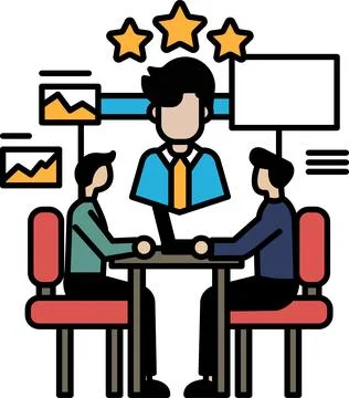 Three men are sitting around a table with a man in the middle Stock Illustration