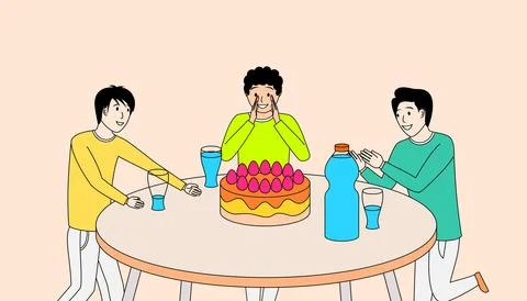 Three men are sitting around a table with a cake and drinks Stock Illustration