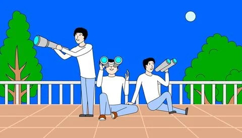 Three men are sitting on a balcony looking through binoculars Stock Illustration
