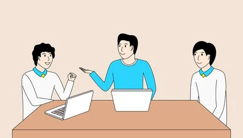 Three men are sitting at a table with laptops in front of them Stock Illustration