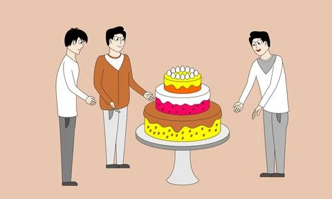 Three men are standing around a cake, one of them cutting it Stock Illustration