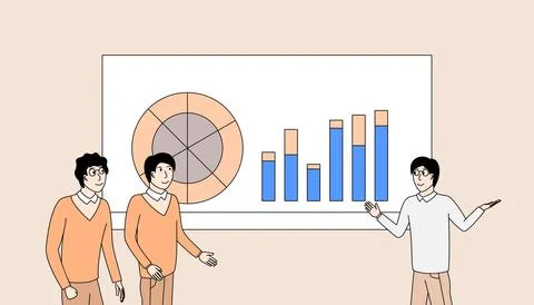Three men are standing in front of a white board with chart and diagram Stock Illustration