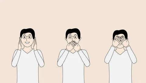 Three men are standing in a row, each of them covering their eyes, ears and.. Stock Illustration