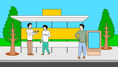 Three men are standing on a sidewalk near a bus stop Stock Illustration