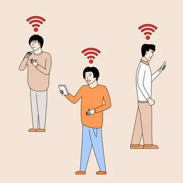 Three men are walking and one of them is holding a cell phone. they are con.. Stock Illustration