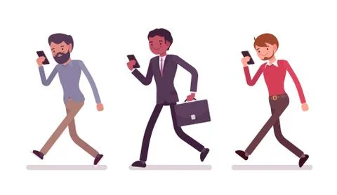 Three men are walking holding a smartphone Stock Illustration