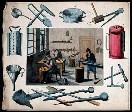 Three men are working at benches hammering out and filing metal objects suc.. Stock Illustration