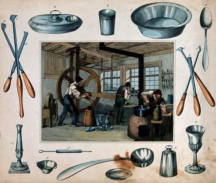 Three men are working at making metal objects such as bowls, spoons, goblet.. Stock Illustration