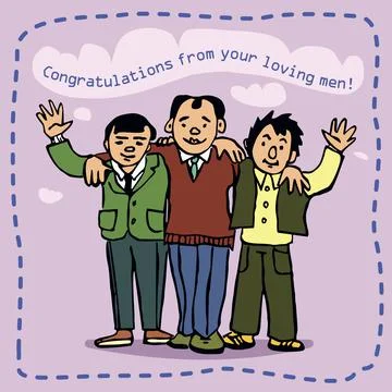 Three men congratulate a loved one - postcard Stock Illustration